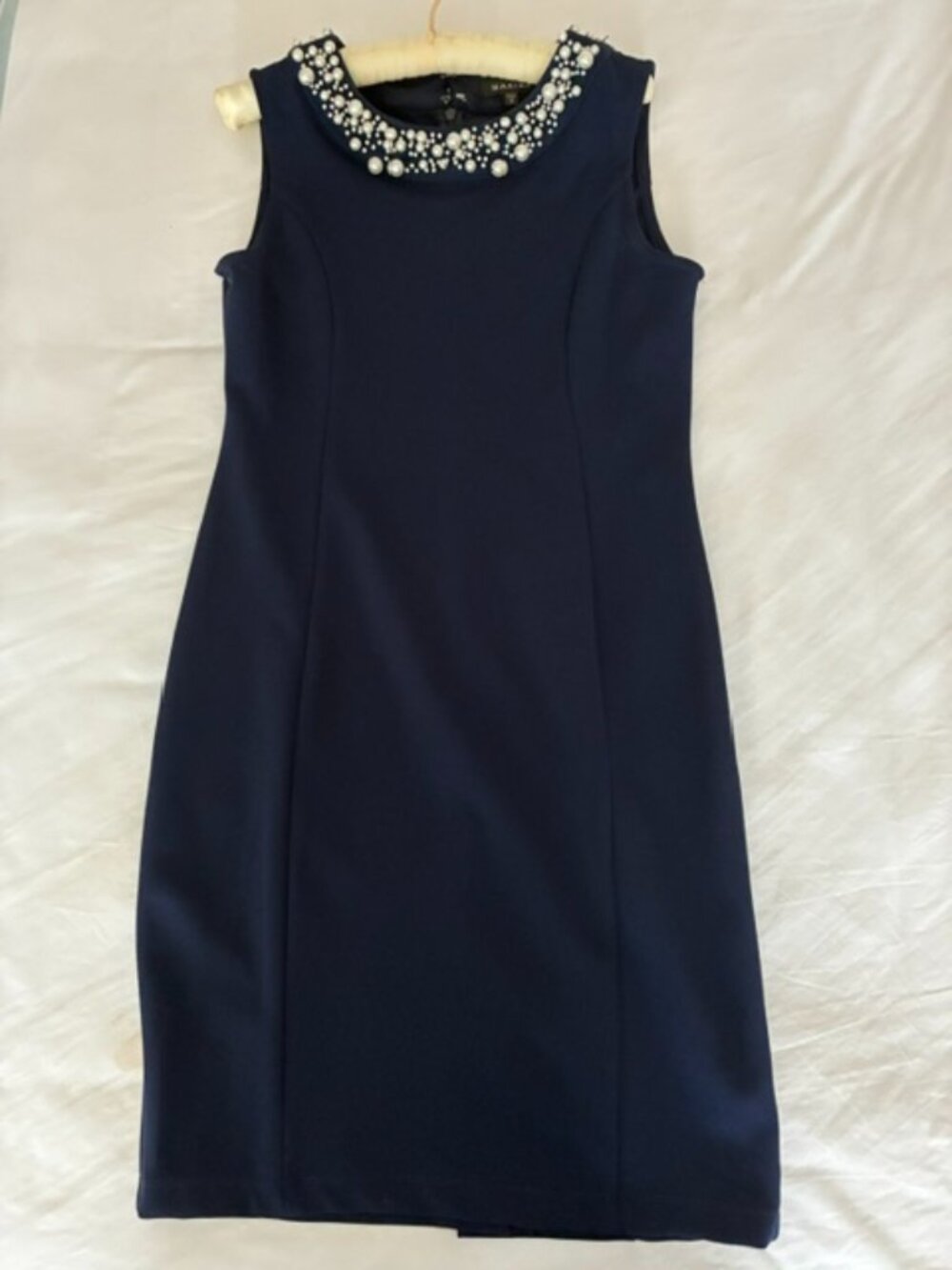 Marina navy sheath dress embellished with pearl neckline